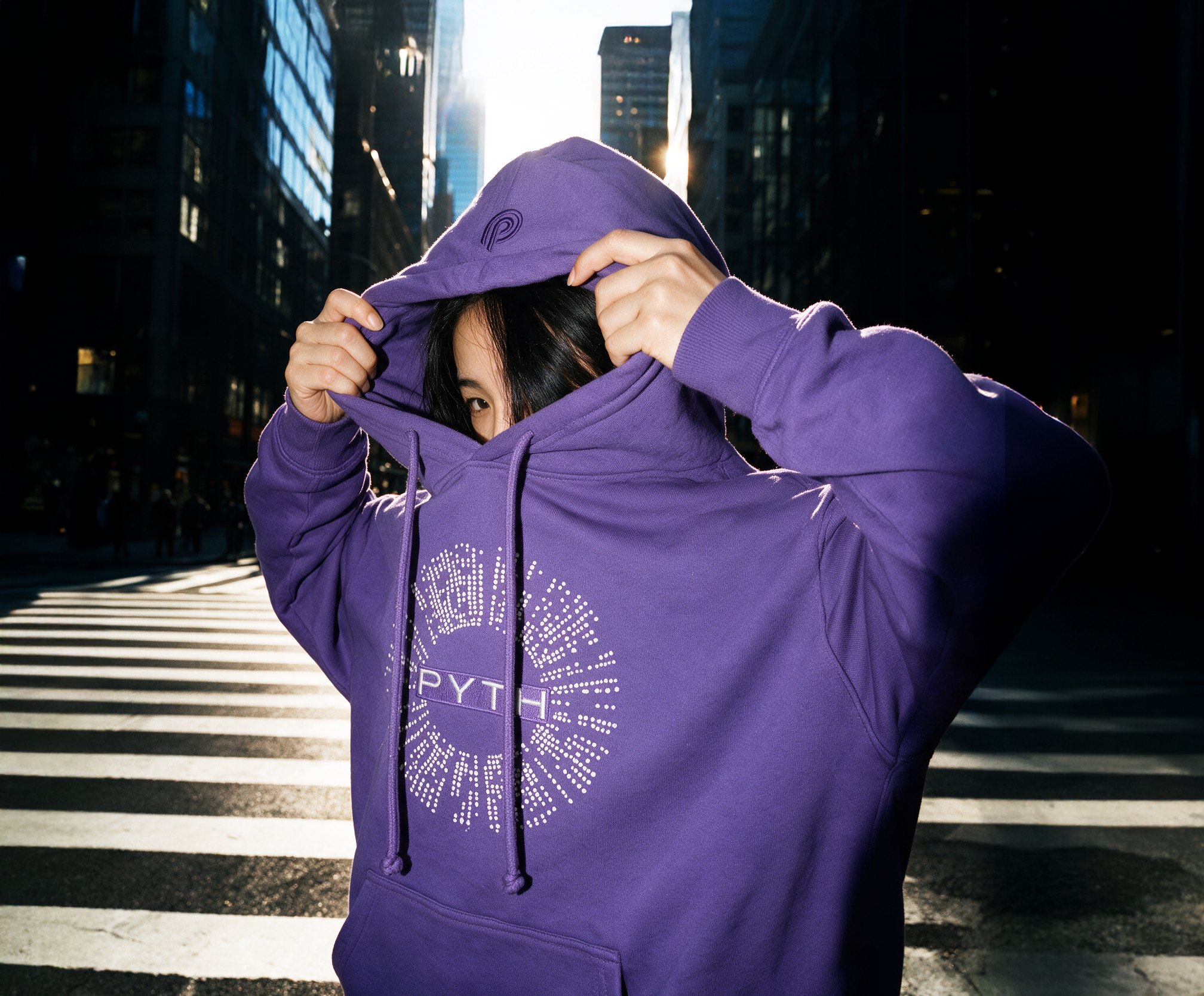 Figure wearing a purple hoodie on a staircase