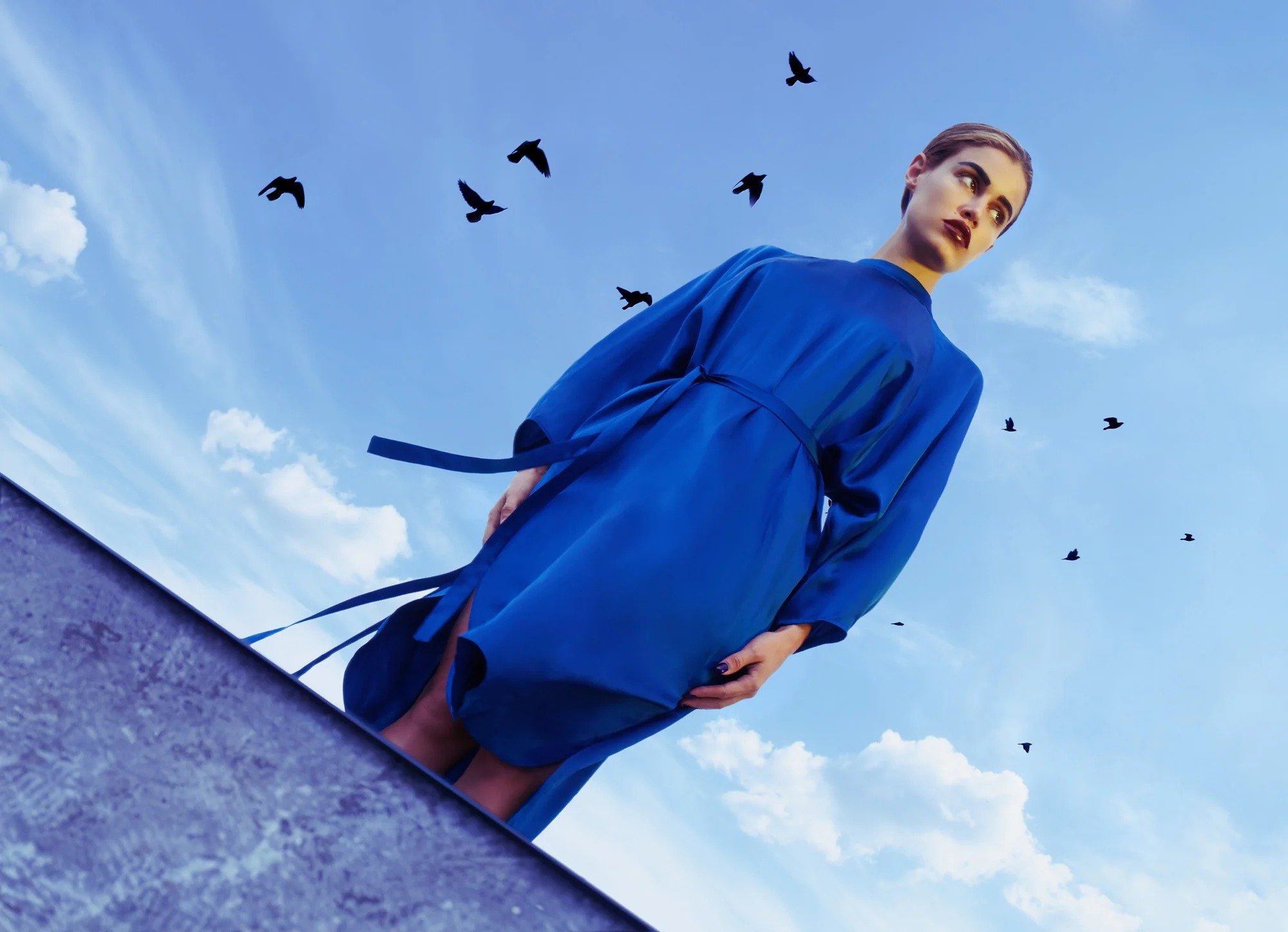 Figure in a cobalt blue coat beneath a blue sky and birds