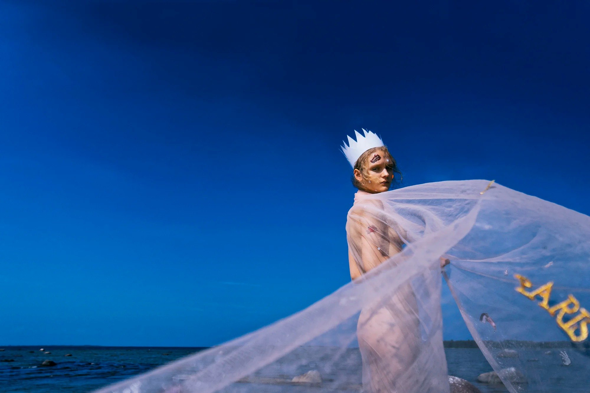 Figure wearing a crown and pale veil beside the sea